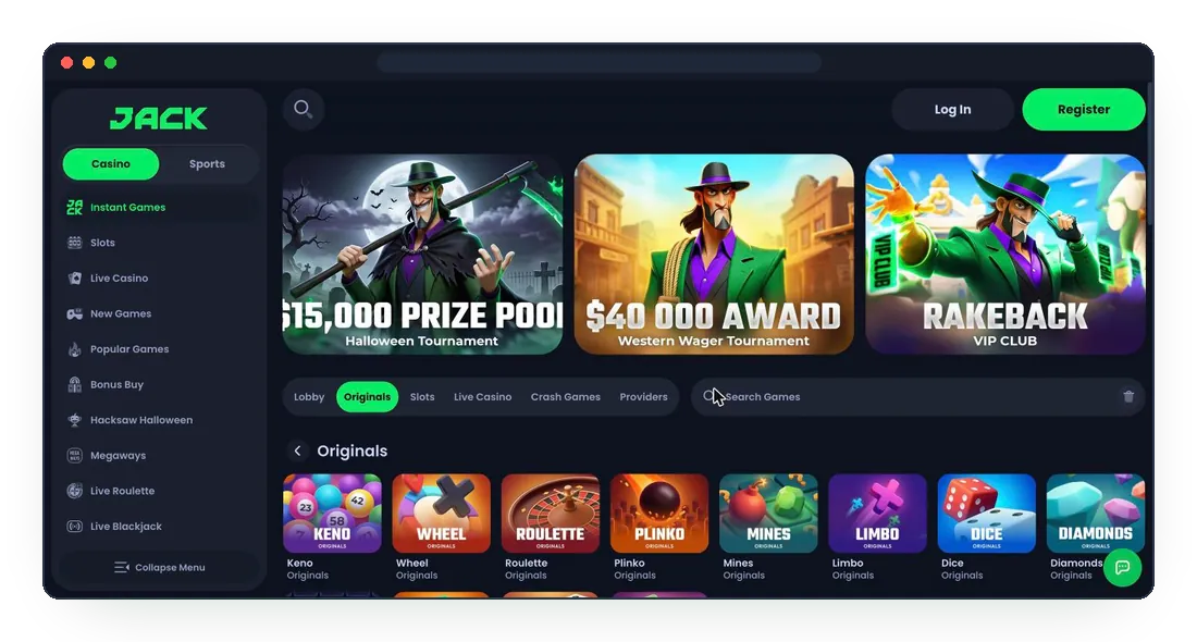 JackBit Originals tab with Keno, Wheel, Roulette, Plinko, Mines, Limbo, Dice and Diamonds