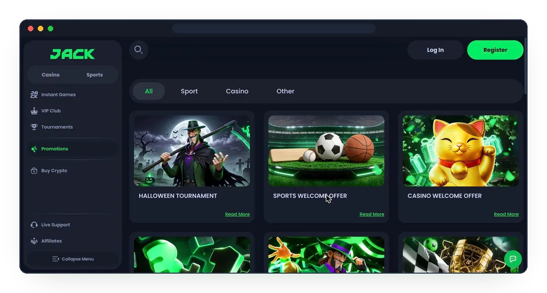JackBit promotions page with Halloween Tournament, Sports Welcome Offer and Casino Welcome Offer cards