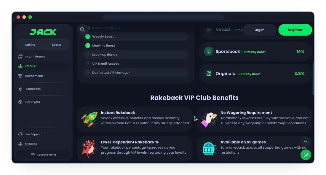 JackBit Rakeback VIP Club benefits: instant rakeback, no wagering, level-dependent rate, all games
