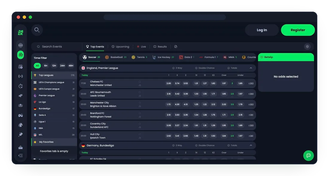 JackBit sportsbook with Top Events, time filter, Top Leagues and Premier League odds